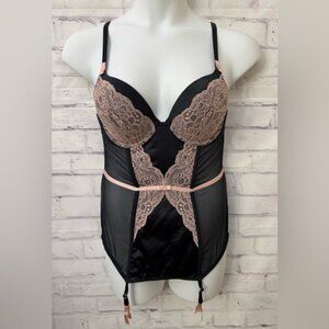Adore Me XL Underwire Padded Push Up Teddy Garter Bra Corset Neglige Black Pink
